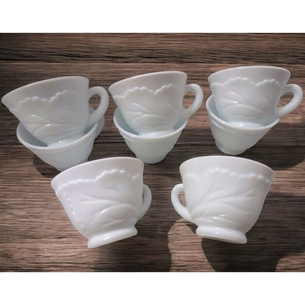 Vintage Indiana Glass Orleans White Milk Glass Pebbled Leaf Punch Cups x (8)